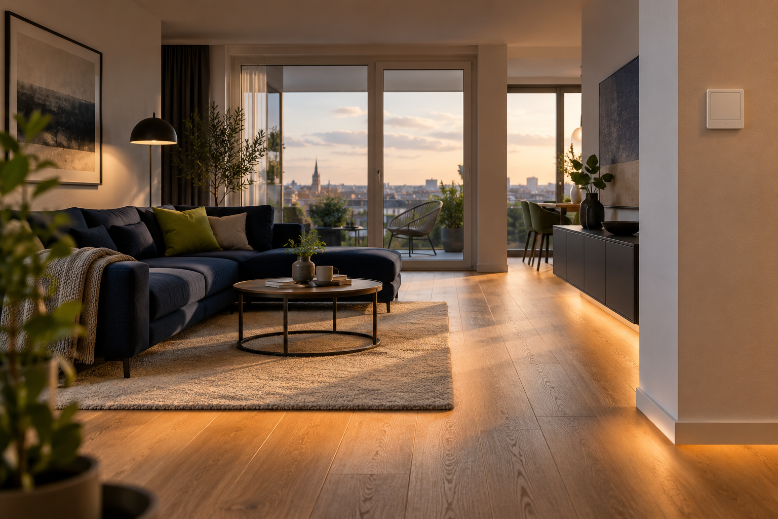 Moderner Wohnraum mit Wandthermostat und warmer Bodenwirkung