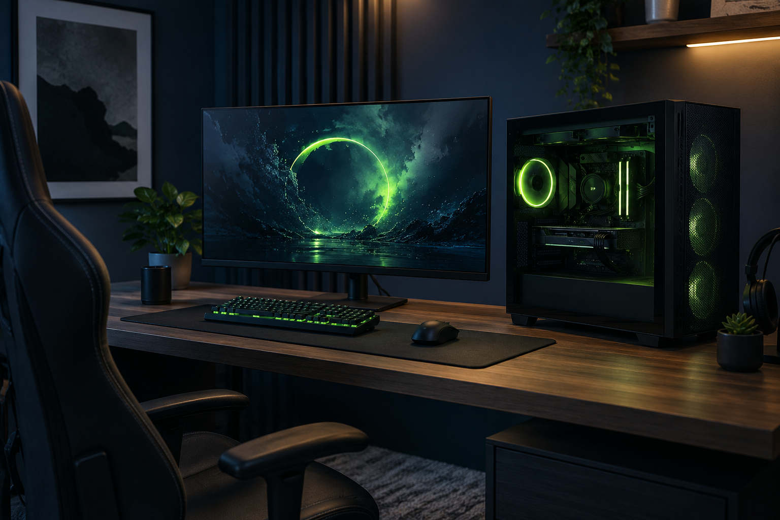 Gaming-PC mit Monitor an einem aufgeräumten Schreibtisch